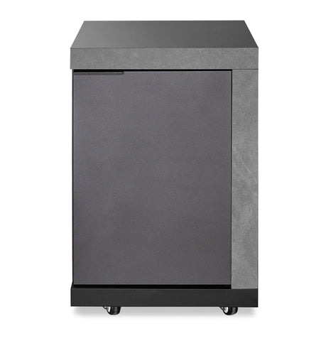Modern grey side cabinet with single door on castor wheels, matte finish