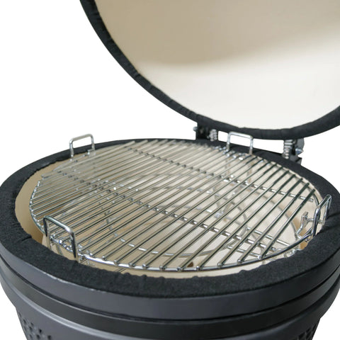 Open ceramic charcoal barbecue grill with stainless steel cooking grate and hinged lid
