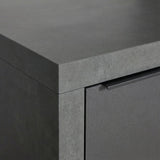 Close up of grey stone-effect cabinet with flat handle and modern finish
