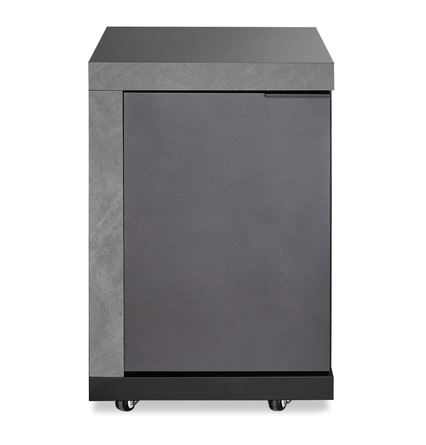 Modern grey storage cabinet on castor wheels with textured panel and minimalist handle