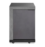 Modern grey storage cabinet on castor wheels with textured panel and minimalist handle