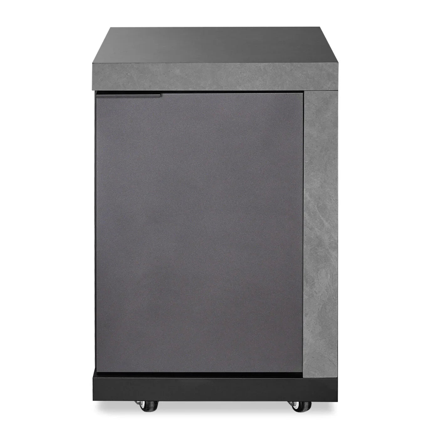 Grey bedside cabinet with matte finish, single door and castor wheels, front view