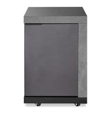 Grey bedside cabinet with matte finish, single door and castor wheels, front view