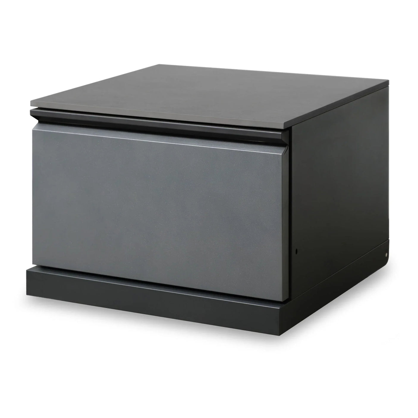 Grey bedside table with single drawer and matte black finish, front angled view