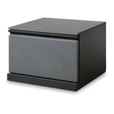 Grey bedside table with single drawer and matte black finish, front angled view