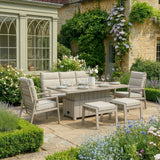 Beige outdoor garden dining set with cushioned chairs and rectangular table on patio