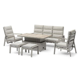 Grey outdoor garden furniture set with cushioned sofa, armchairs, stools, and rectangular table
