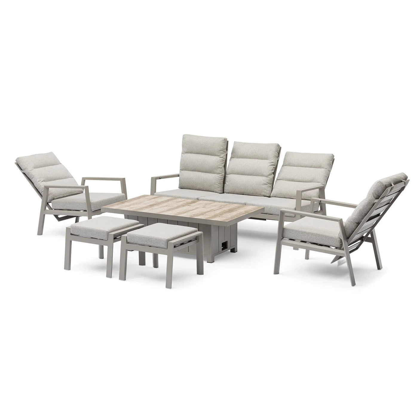 Grey garden furniture set with cushioned sofa, two armchairs, stools and wood-effect table