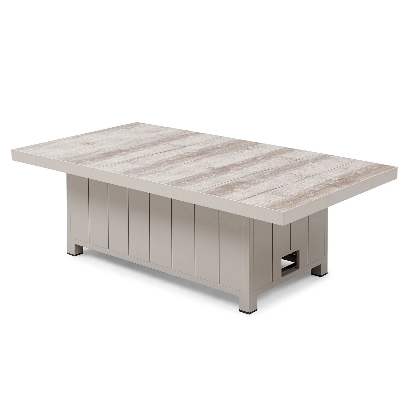 Rectangular wooden dining table with light oak effect top and panelled base, angled view