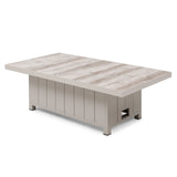 Rectangular wooden dining table with light oak effect top and panelled base, angled view