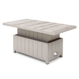Rectangular lift top coffee table with light wood finish and panelled base, angled view