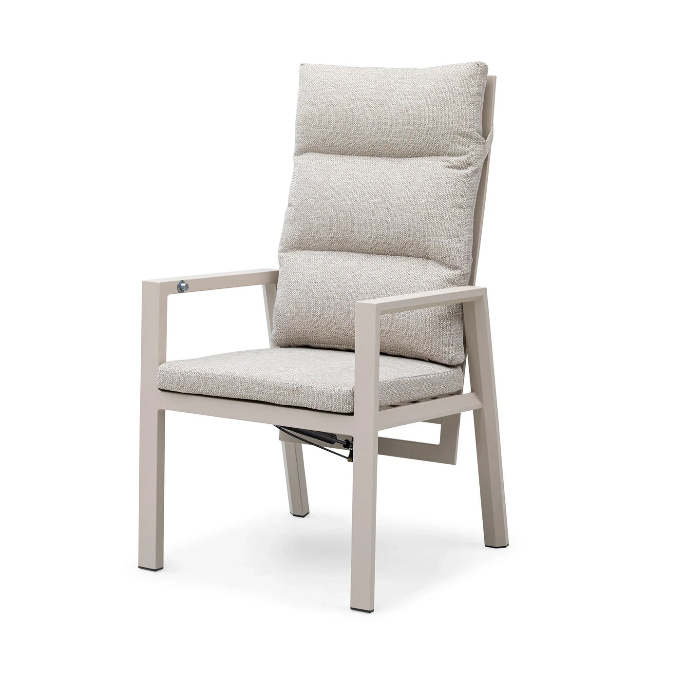 Beige cushioned recliner dining chair with metal frame and high backrest, angled view