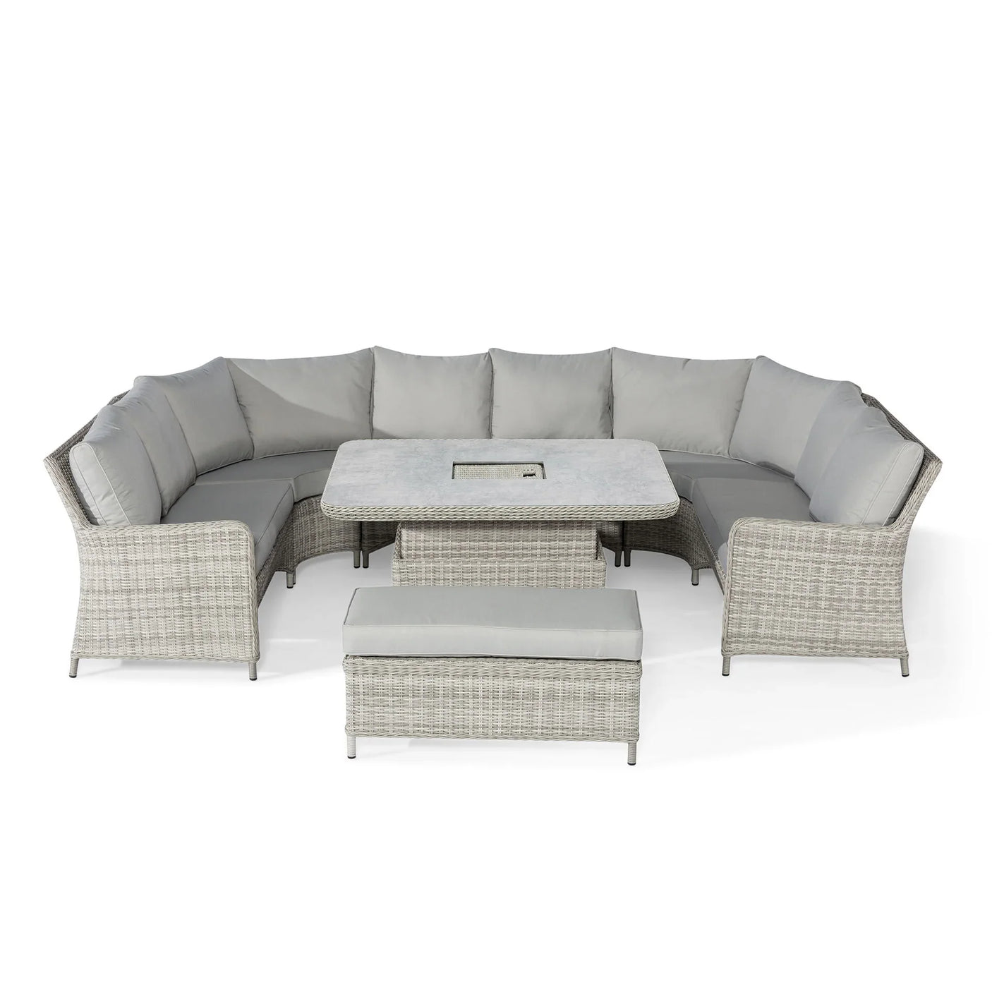 Grey rattan corner garden sofa set with cushions, matching table and bench seating