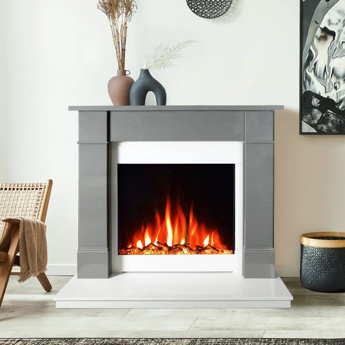 Modern electric fireplace with grey mantel in living room setting