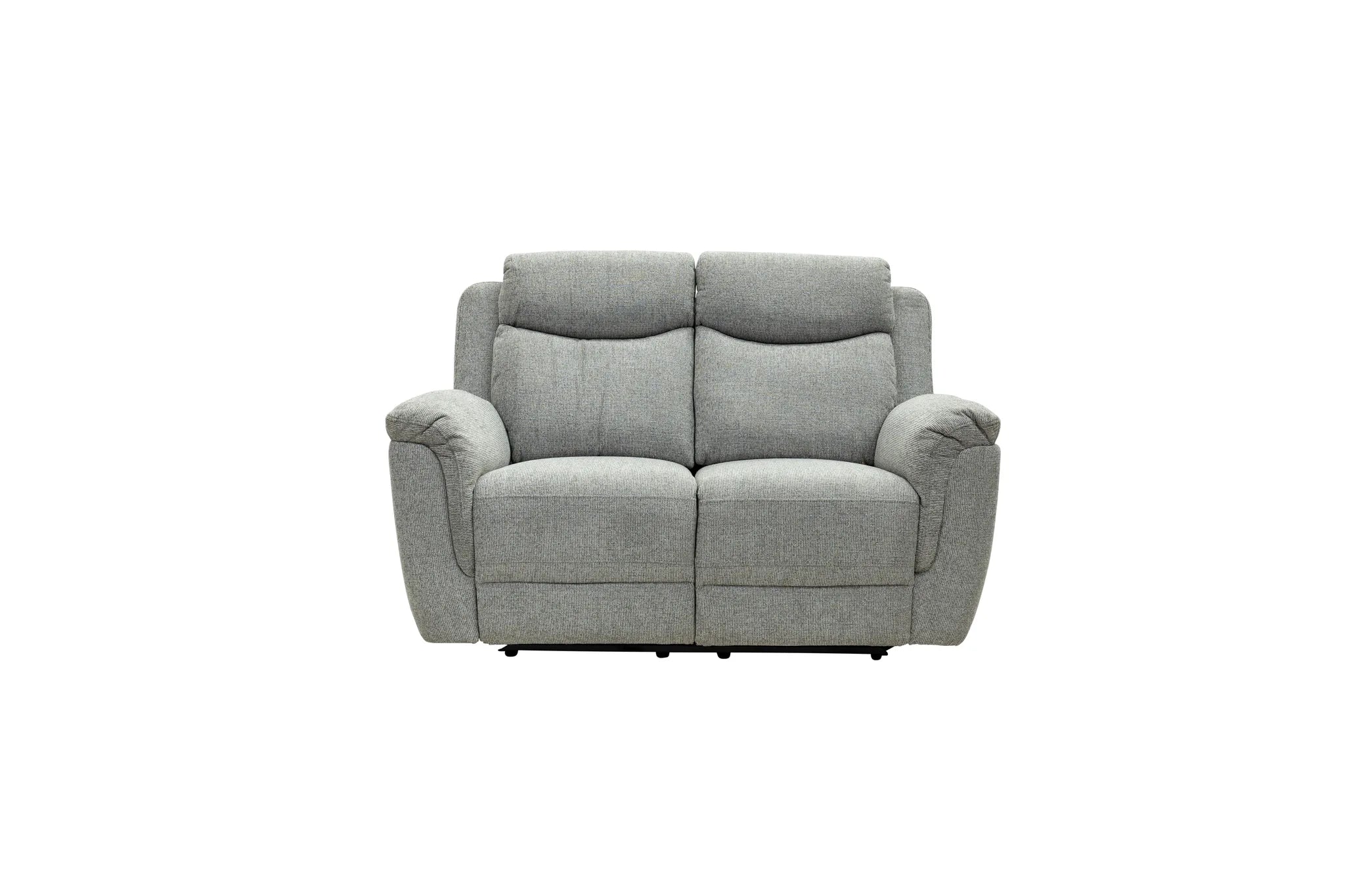 A light gray upholstered reclining loveseat with a textured fabric, shown from the front against a plain white background.