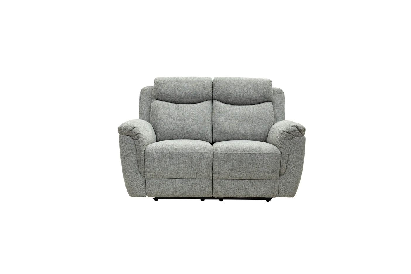A light gray upholstered reclining loveseat with a textured fabric, shown from the front against a plain white background.