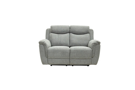 A light gray upholstered reclining loveseat with a textured fabric, shown from the front against a plain white background.