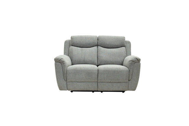 A light gray upholstered reclining loveseat with a textured fabric, shown from the front against a plain white background.