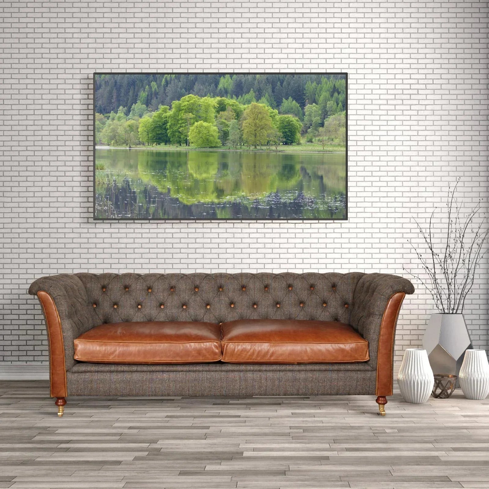 Brown leather and fabric Chesterfield sofa with button tufting in modern living room