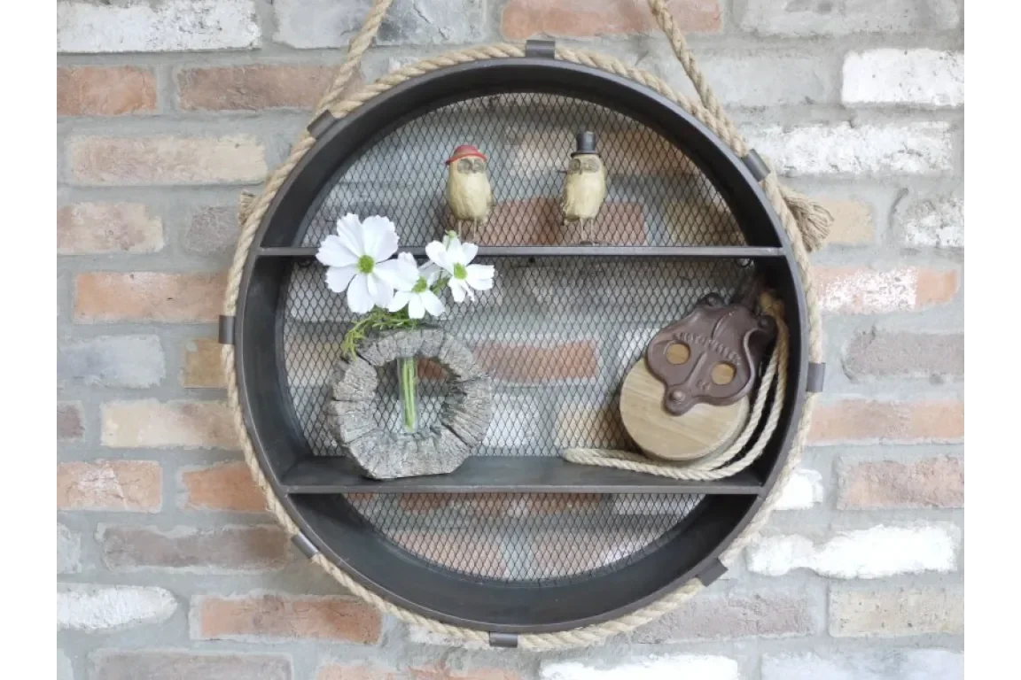 Round metal wall shelf with rope, mesh back, decorative flowers and ornaments