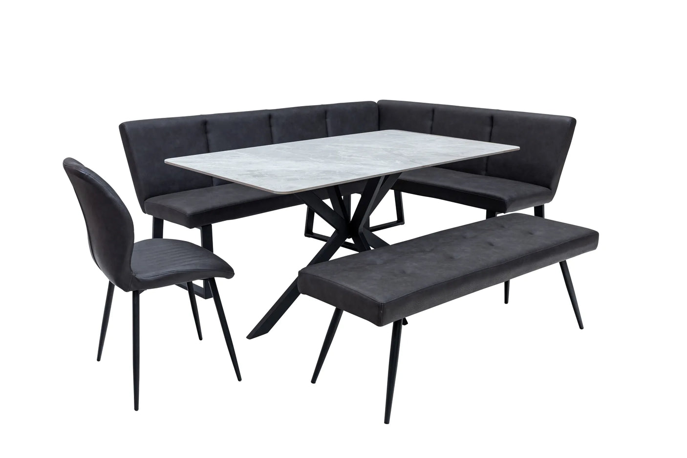 A 5-piece dining set featuring a black tufted corner banquette, a matching rectangular bench, and a black chair with a white marble-patterned rectangular table, shown on a solid white background.