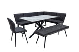 A 5-piece dining set featuring a black tufted corner banquette, a matching rectangular bench, and a black chair with a white marble-patterned rectangular table, shown on a solid white background.