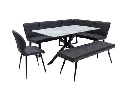 A 5-piece dining set featuring a black tufted corner banquette, a matching rectangular bench, and a black chair with a white marble-patterned rectangular table, shown on a solid white background.