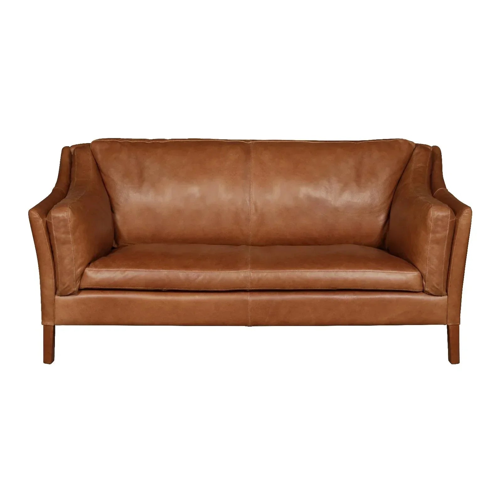 Brown leather sofa with slim wooden legs and high arms, front facing view