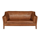 Brown leather sofa with slim wooden legs and high arms, front facing view