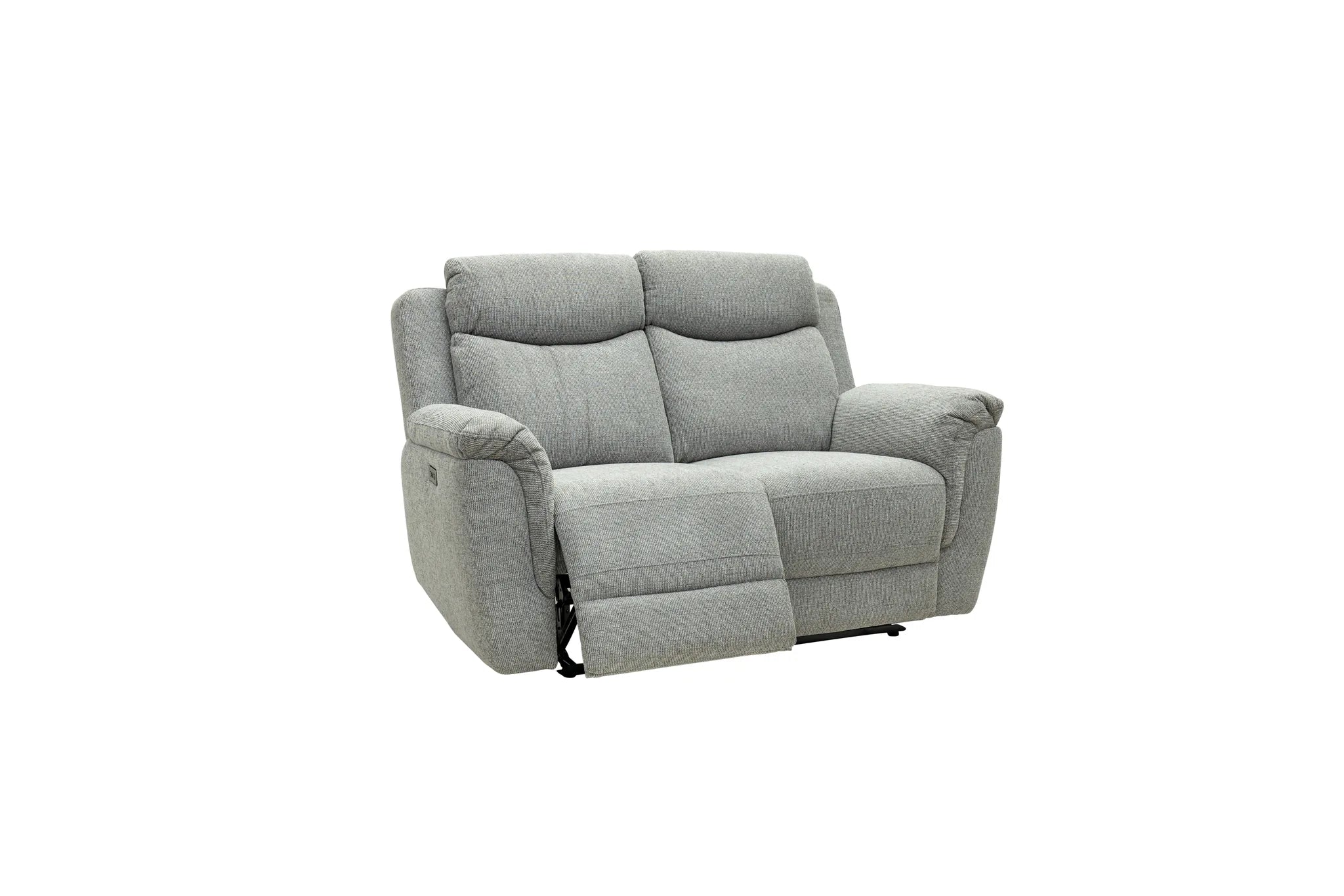 A light gray fabric reclining loveseat sofa shown from a three-quarter angle against a plain white background.