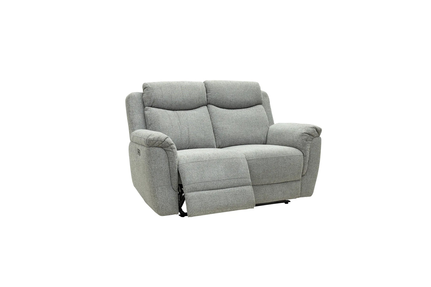 A light gray fabric reclining loveseat sofa shown from a three-quarter angle against a plain white background.