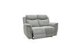 A light gray fabric reclining loveseat sofa shown from a three-quarter angle against a plain white background.