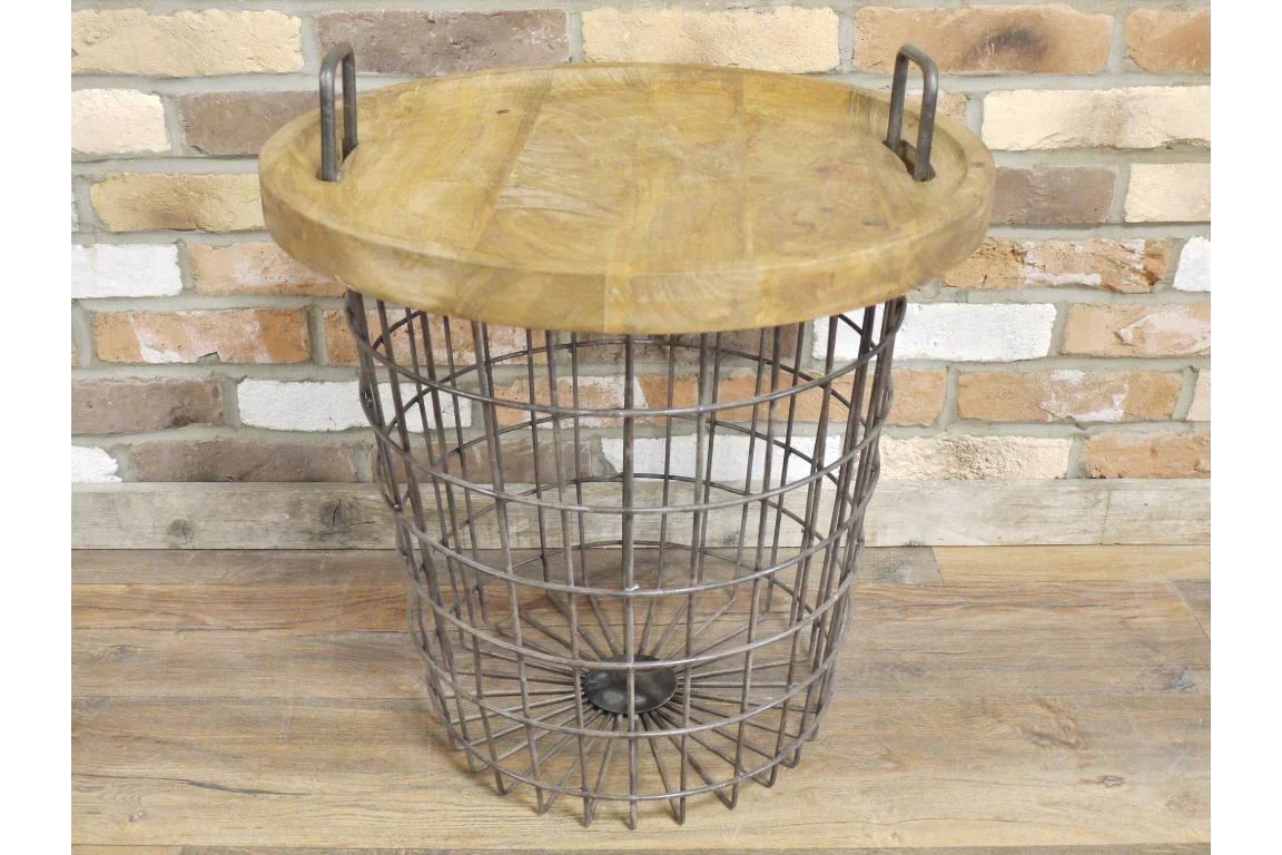 Industrial style side table with round wooden top and wire metal basket base