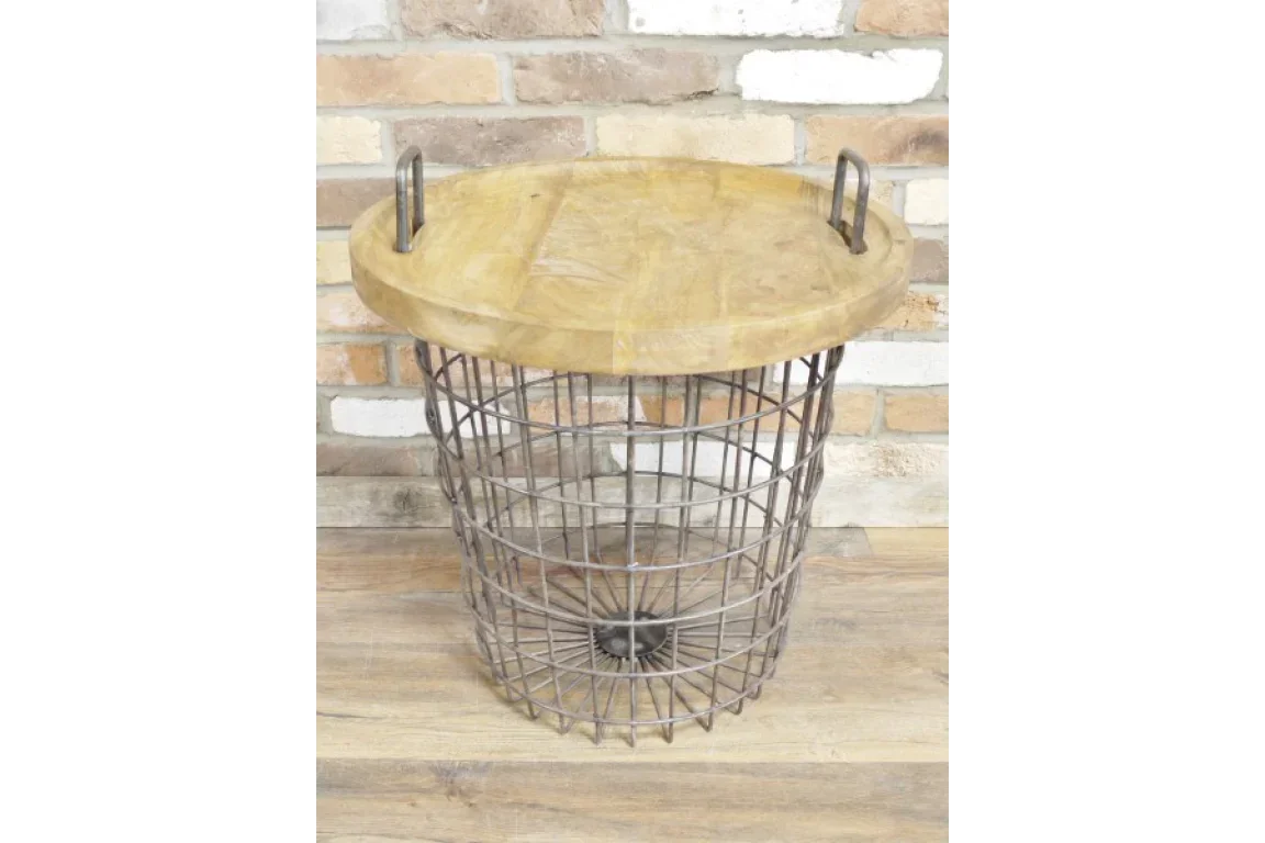 Round wire basket side table with natural wood top and metal handles