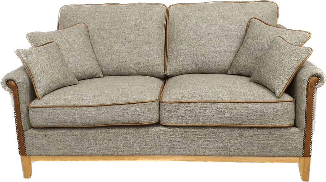 Beige fabric two-seater sofa with wooden base, brown trim and matching scatter cushions