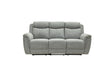 A three-seat reclining sofa upholstered in a textured light gray fabric, shown from the front against a plain white background.