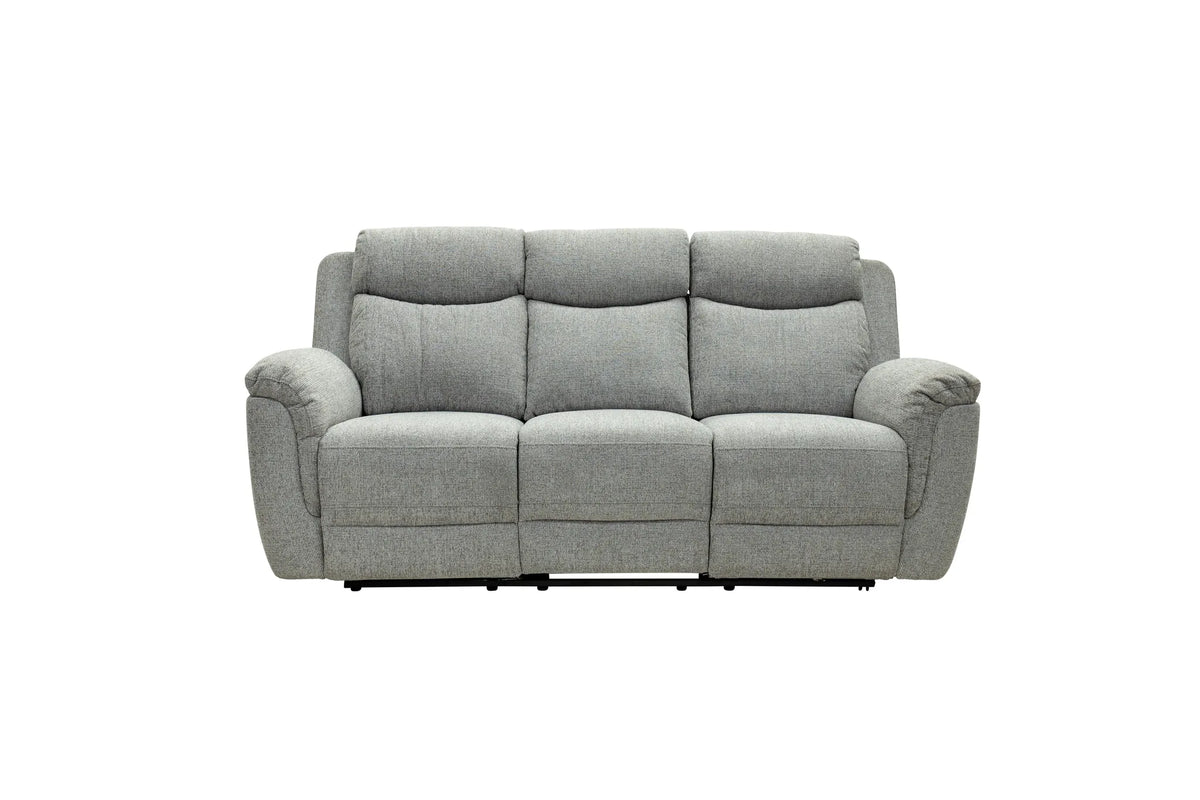 A three-seat reclining sofa upholstered in a textured light gray fabric, shown from the front against a plain white background.