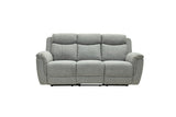 A three-seat reclining sofa upholstered in a textured light gray fabric, shown from the front against a plain white background.