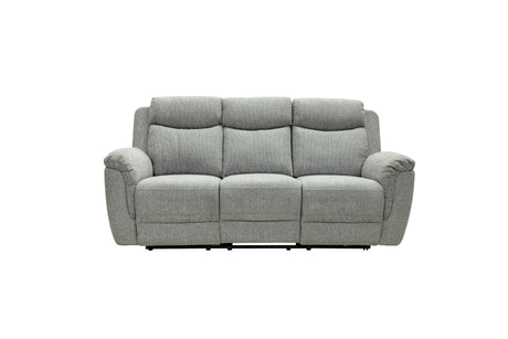 A three-seat reclining sofa upholstered in a textured light gray fabric, shown from the front against a plain white background.