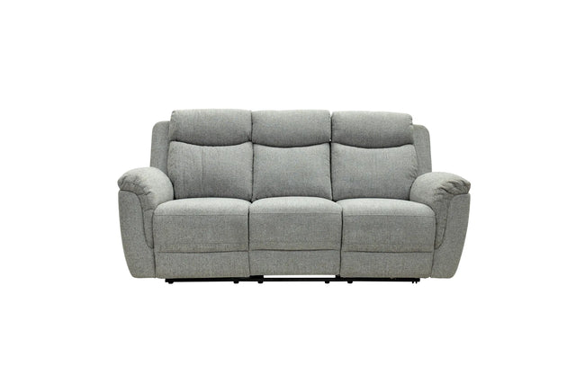 A three-seat reclining sofa upholstered in a textured light gray fabric, shown from the front against a plain white background.