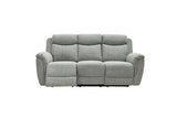 A three-seat power reclining sofa upholstered in a textured light gray fabric, shown from the front against a plain white background.