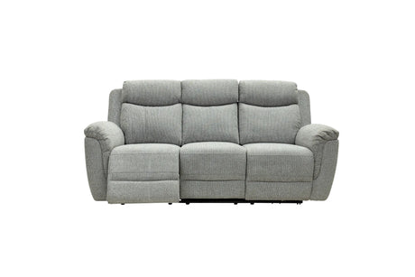 A three-seat power reclining sofa upholstered in a textured light gray fabric, shown from the front against a plain white background.