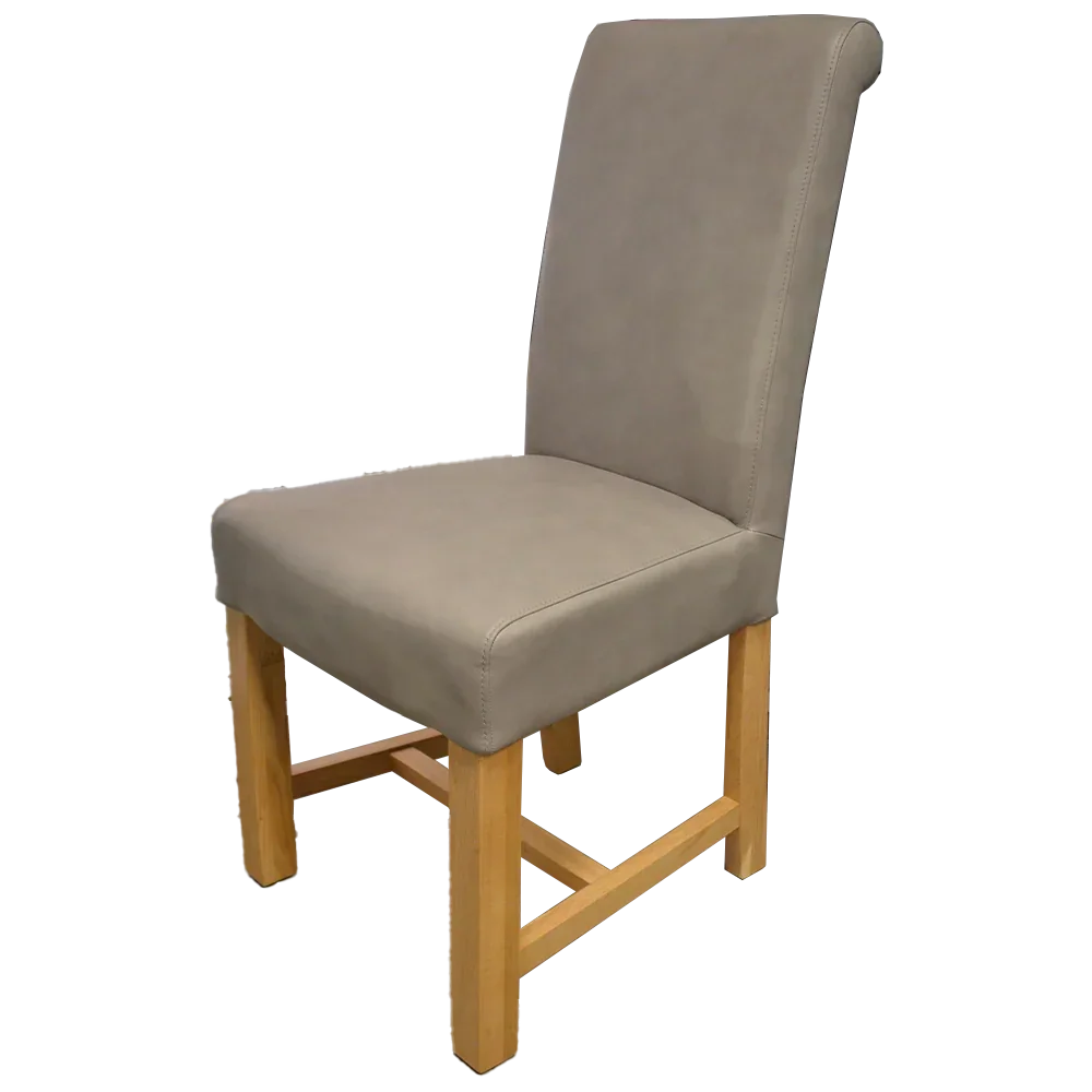 Beige upholstered dining chair with high back and light wood legs, side angle view