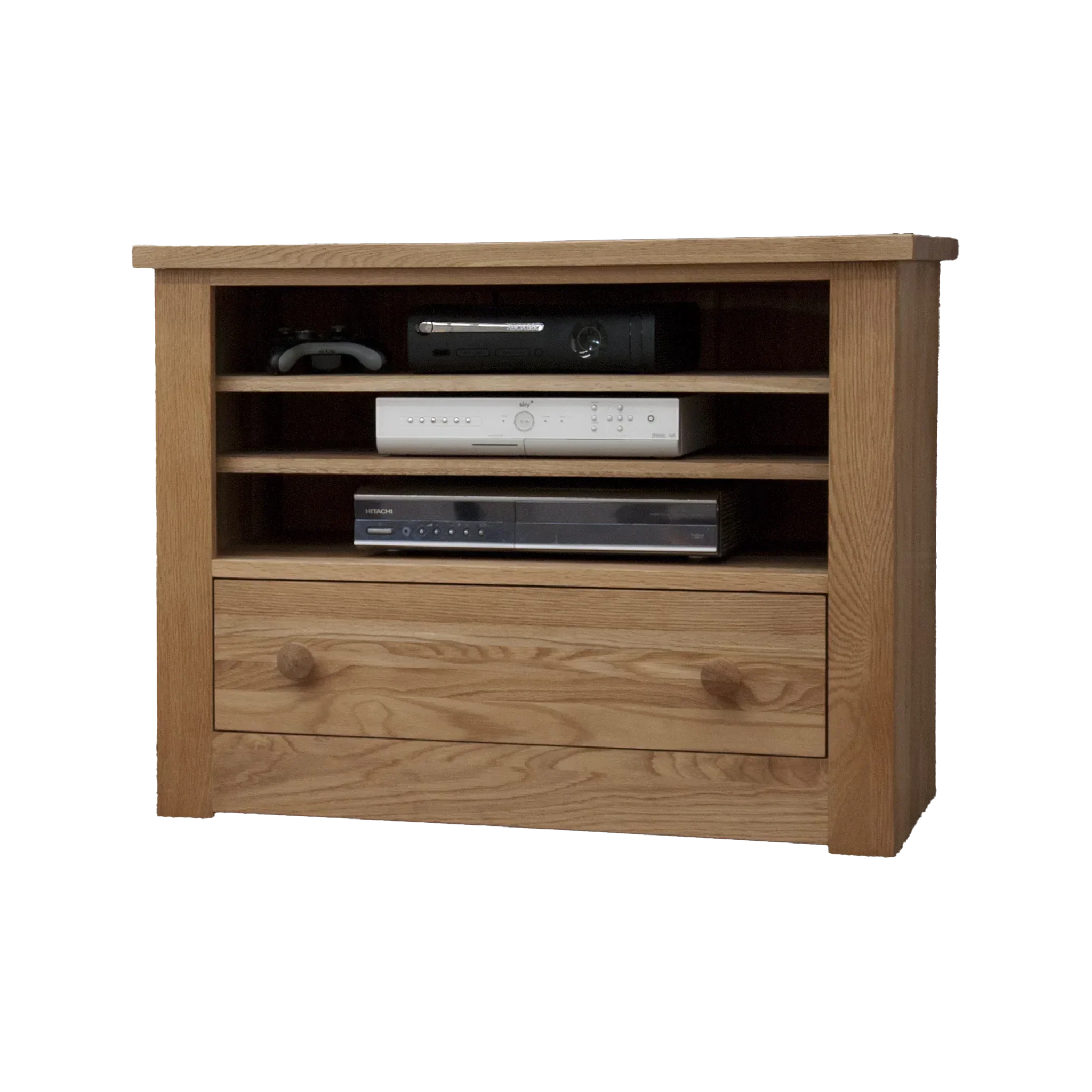Oak TV unit with open shelving and single lower drawer for media storage