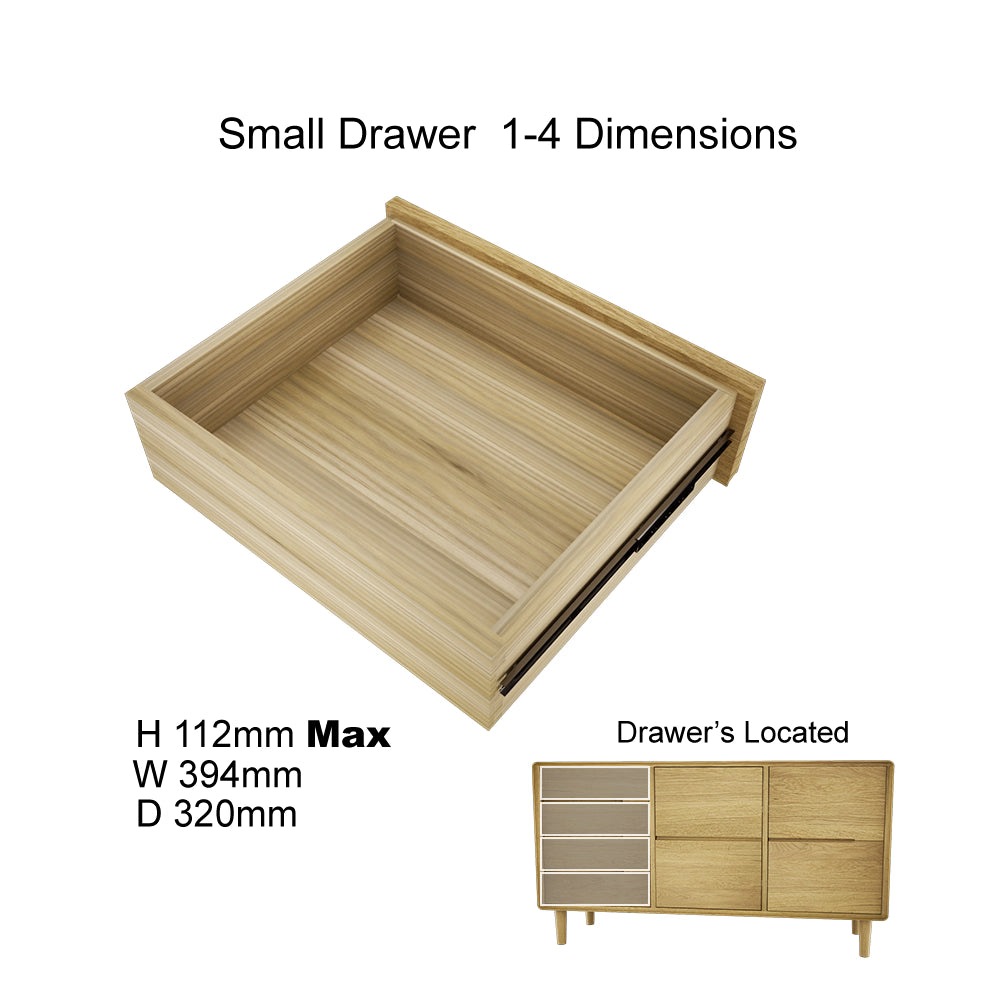 Small wooden drawer with dimensions shown, fits sideboard unit with four drawer section
