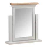 White dressing table mirror with light wood top and rectangular frame