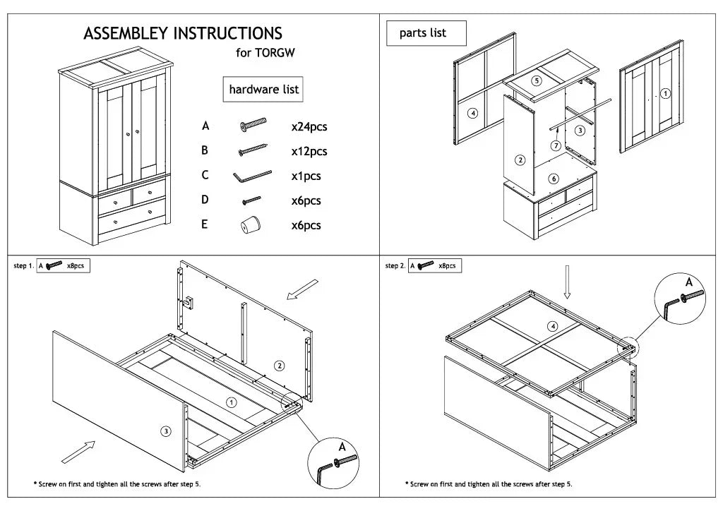 Wardrobe assembly instructions with hardware list, parts list, and step-by-step visual guide