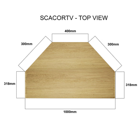 Oak wood TV corner unit top view with dimensions labeled in millimeters