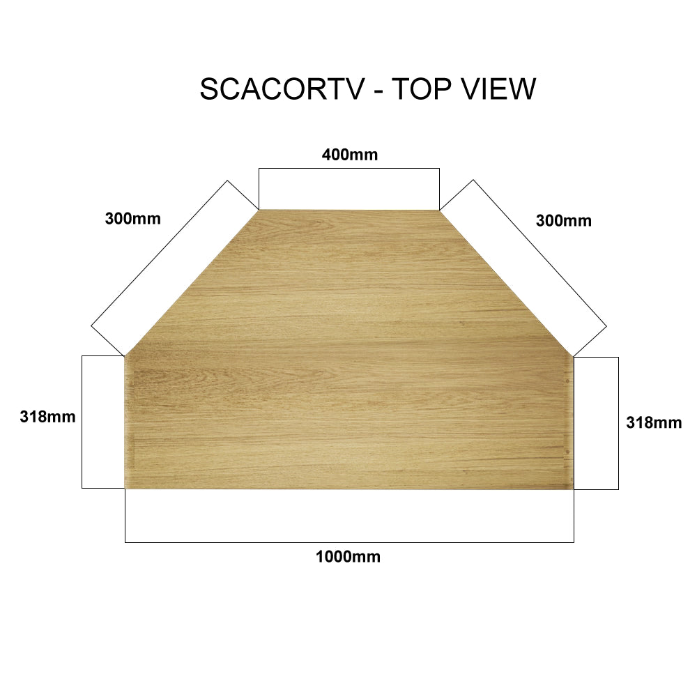 Oak wood TV corner unit top view with dimensions labeled in millimeters