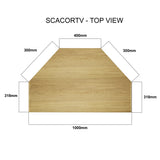 Oak wood TV corner unit top view with dimensions labeled in millimeters